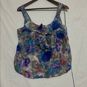 Floral Blue and Purple Sleeveless Ruffled Tank Top